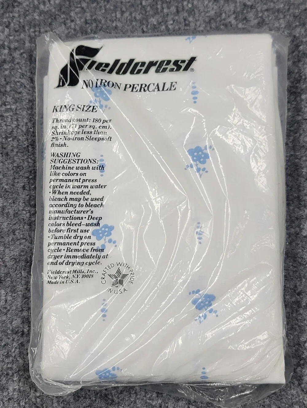 Vintage Fieldcrest No Iron Percale King Size Pillowcases White W/ Blue Flowers